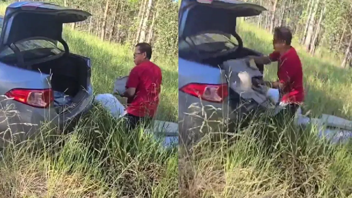 Warga Indonesia kepergok membuang sampah sembarangan di kawasan hutan lindung Australia sebelum ditegur dan diminta memungut kembali oleh warga lokal. (Sumber: X/@Sammisoh)