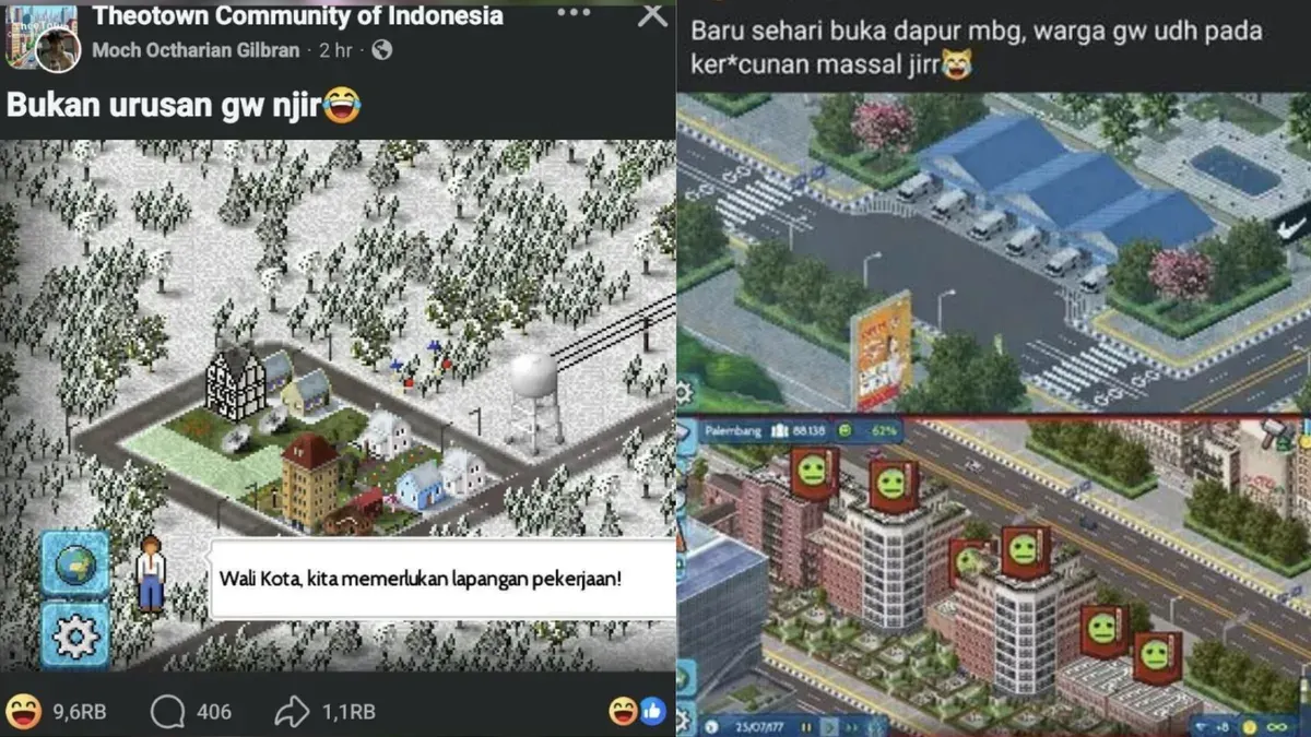 Tampilan kota virtual buatan pemain Indonesia di game Theotown yang viral di media sosial awal 2026. (Sumber: Facebook/Thetown Indonesia)