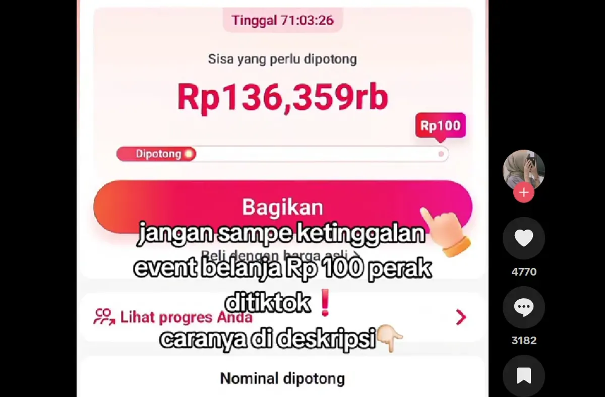 Tampilan fitur “Potong Harga 100 Perak” di TikTok Shop yang hanya muncul pada akun tertentu sesuai syarat dan ketentuan event. (Sumber: Tiktok/@racunbe.tesha)
