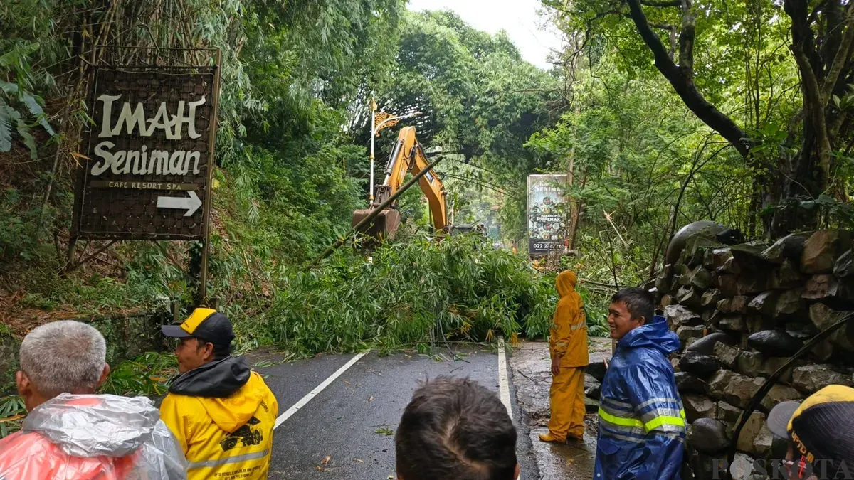Petugas mengevakuasi pohon bambu yang tumbang akibat bencana longsor, di kawasan Jalan Kolonel Masturi, Bandung Barat. (Sumber: Poskota/Gatot Poedji Utomo)