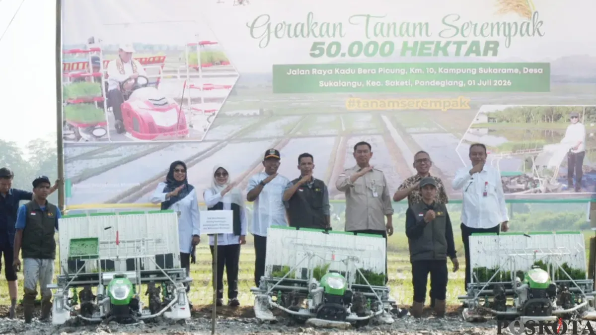 Bupati Pandeglang bersama jajaran Dinas Pertanian Banten dan Pandeglang saat melakukan gerakan tanam padi serentak. (Sumber: Poskota/Samsul Fatoni)