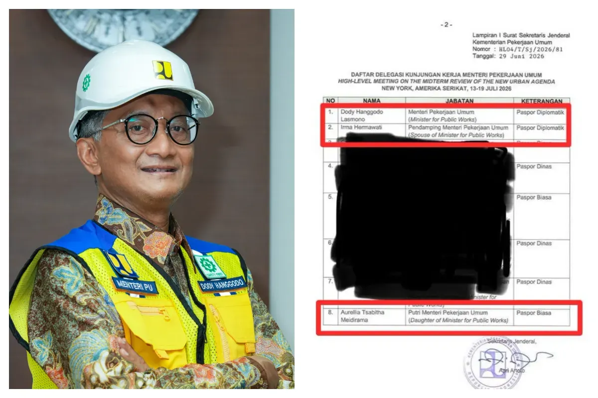 Kolase Menteri Pekerjaan Umum (PU), Dody Hanggodo, sedang menjadi sorotan usai muncul isu yang menyebut dirinya membawa istri dan anak dalam agenda perjalanan dinas ke Amerika Serikat. (Sumber: X/@bilbiils_)