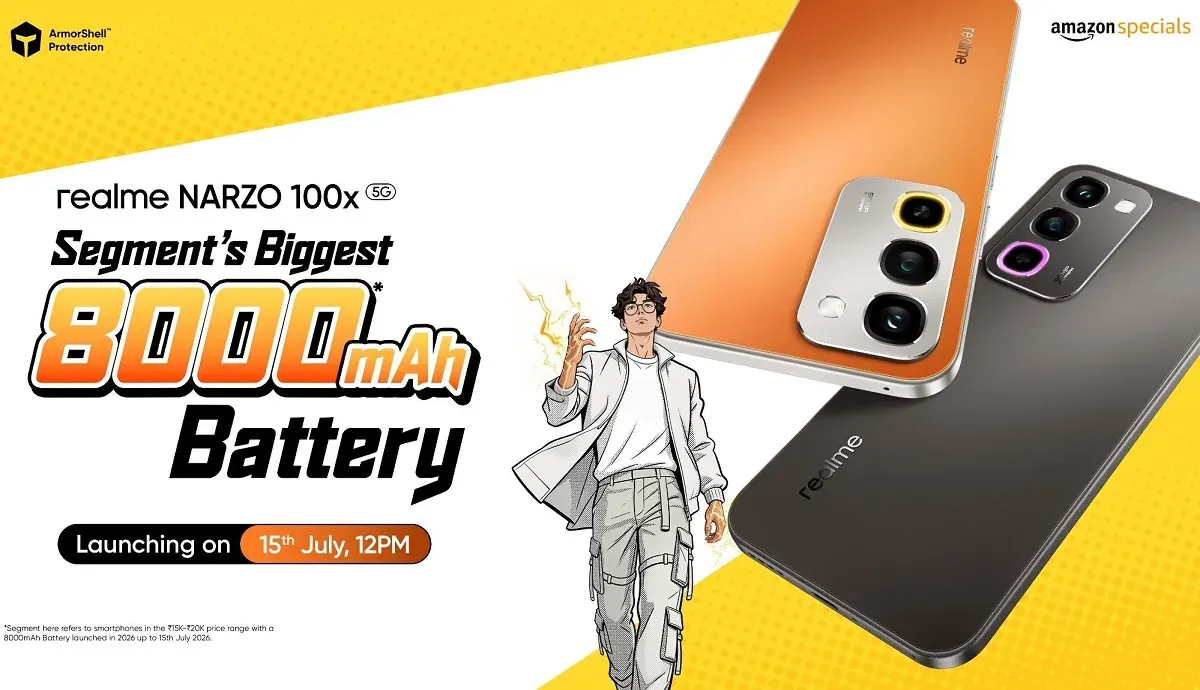 Realme Narzo 100x 5G hadir membawa baterai 8.000mAh, layar 144Hz, chipset Dimensity 6300, serta fitur AI Google Gemini yang menyasar segmen smartphone kelas menengah. (Sumber: Realme)