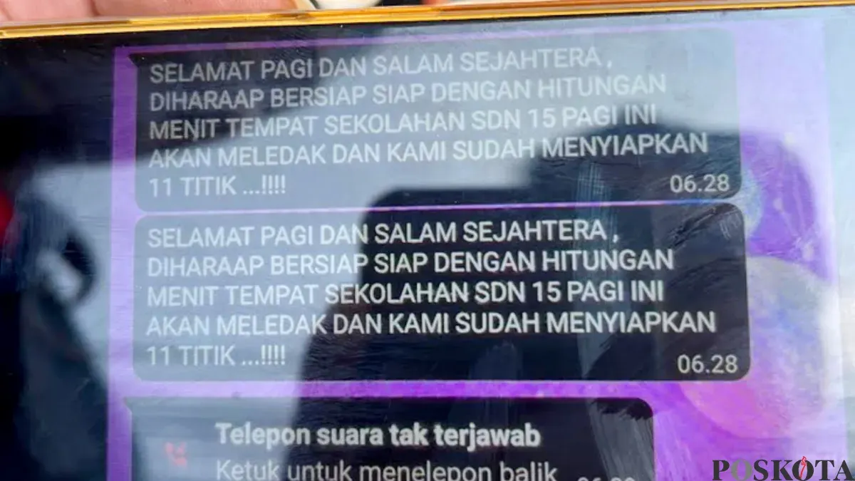 Bunyi pesan WhatsApp terkait teror bom di SDN Srengseng Sawah 15, Jagakarsa, Jakarta Selatan, Senin, 13 Juli 2026. (Sumber: Poskota/Ali Mansur)