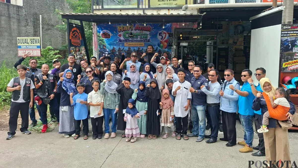 Forum Alumni 57.92 dan BAKA berkumpul menyambut Hari Anak Nasional di Biker Jowo, Cluster Azalea Blok W1, Cilodong, Kota Depok, Minggu, 19 Juli 2026. (Sumber: Poskota/Angga Pahlevi)