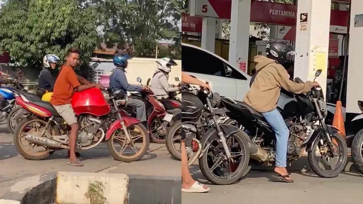 Potret pengguna motor Thunder Modifikasi yang mengatre di jalur BBM Subsidi. (Sumber: X/@Heraloebs)