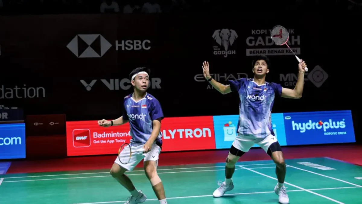 Pasangan ganda putra Devin Artha Wahyudi/Ali Faathir Rayhan saat bertanding di Indonesia Open 2026. (Sumber: BNI)