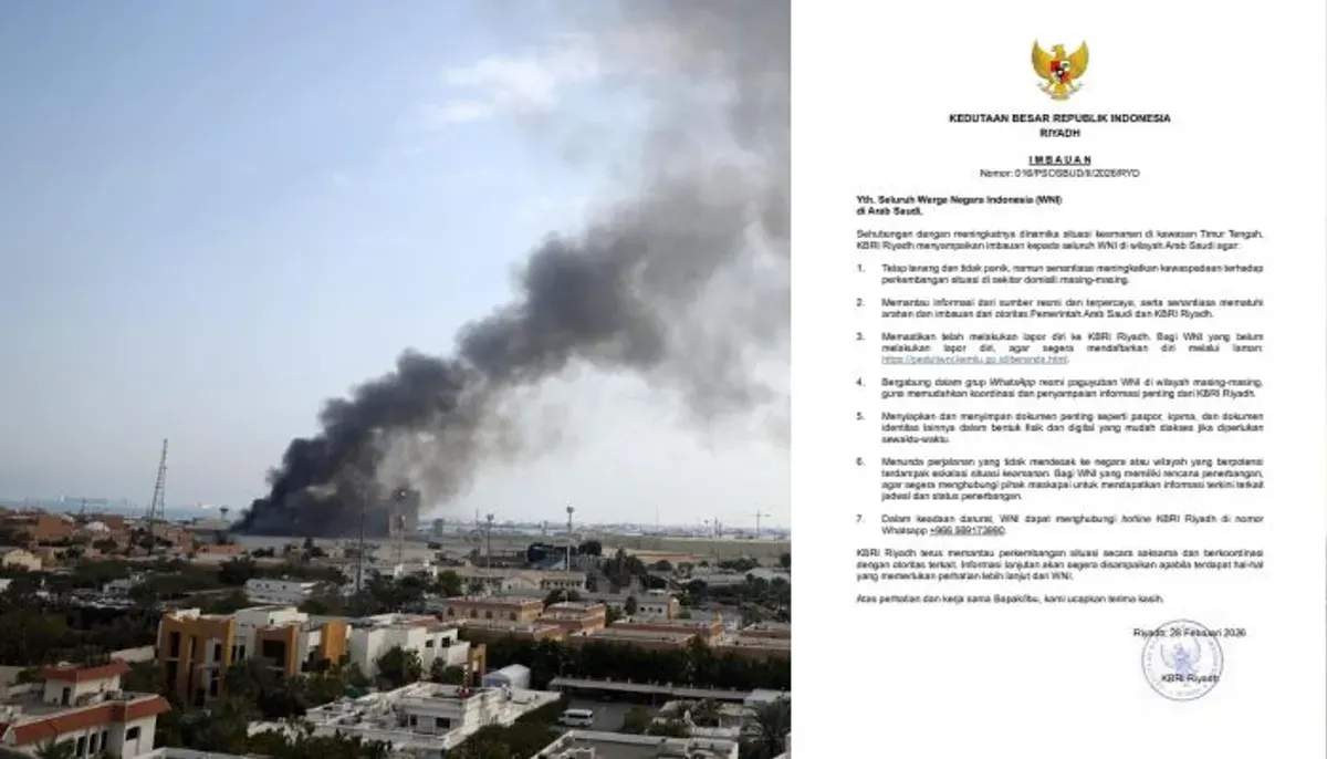 Ketegangan Timur Tengah meningkat usai serangan gabungan AS dan Israel ke Iran. KBRI Riyadh meminta WNI di wilayah Arab Saudi tetap waspada dan mengikuti 7 imbauan resmi keamanan. (Sumber: X/@kikomasta)