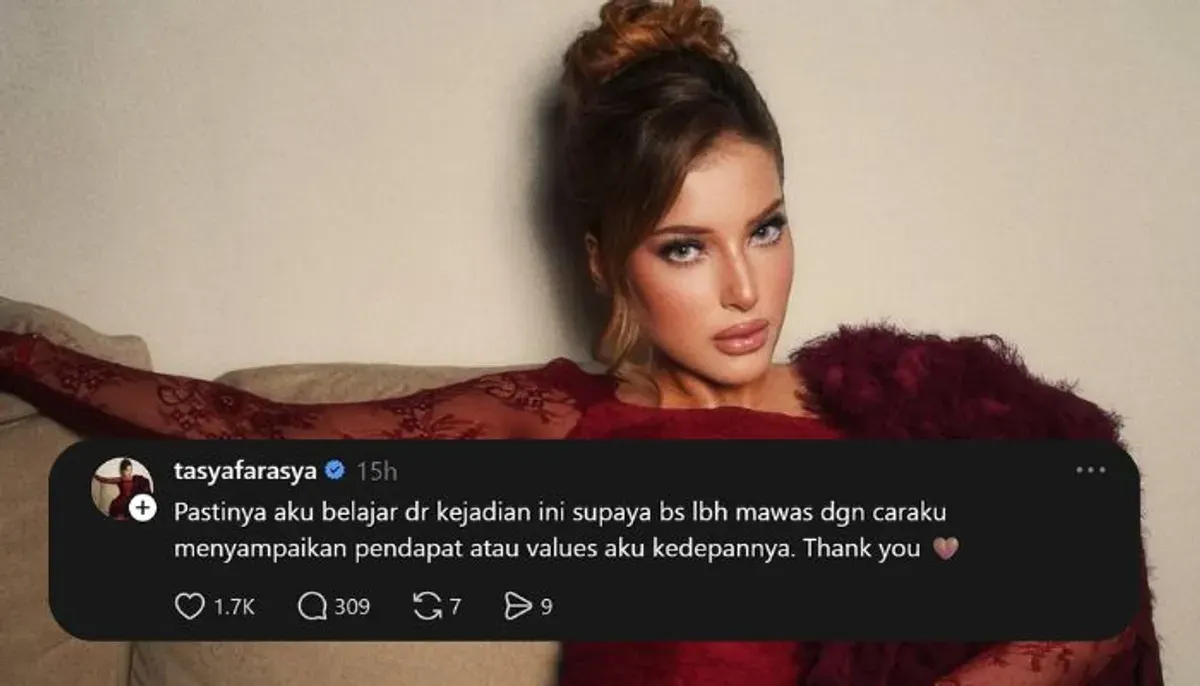 Tasya Farasya meminta maaf setelah unggahannya dikaitkan dengan keputusan Bunga Sartika mundur sebagai host konten. (Sumber: Threads/@tasyafarasya)