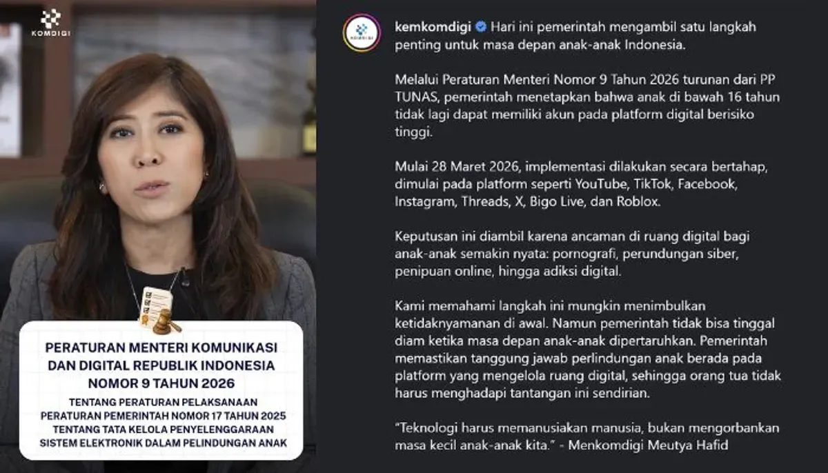 Komdigi menerapkan aturan baru yang membatasi akses platform digital bagi anak di bawah 16 tahun. (Sumber: Instagram/@kemkomdigi)