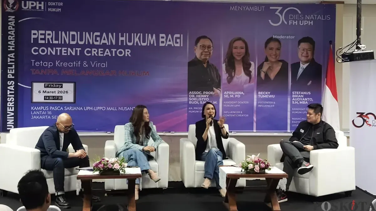 Suasana seminar bertajuk "Perlindungan Hukum Bagi Content Creator, Tetap Kreatif & Viral Tanpa Takut Tersandung Hukum” di Pascasarjana UPH Semanggi, Jakarta Selatan Jumat, 6 Maret 2026. (Sumber: Poskota/Ali Mansur)