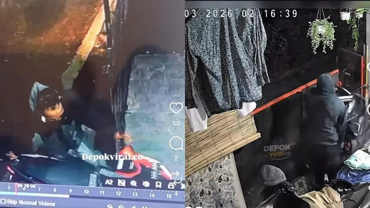 Pencuri menggunakan sweater kupluk hitam berhasil mencuri dua unit motor matik waktu hampir bersamaan di Bojongsari dan Beji Kota Depok. (Sumber: tangkapan layar/@depokviral.co)