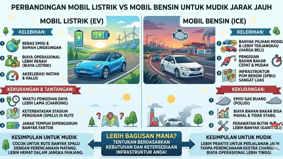 Ilustrasi. Mobil listrik atau bensin untuk perjalanan jauh atau mudik. (Sumber: Generated AI)
