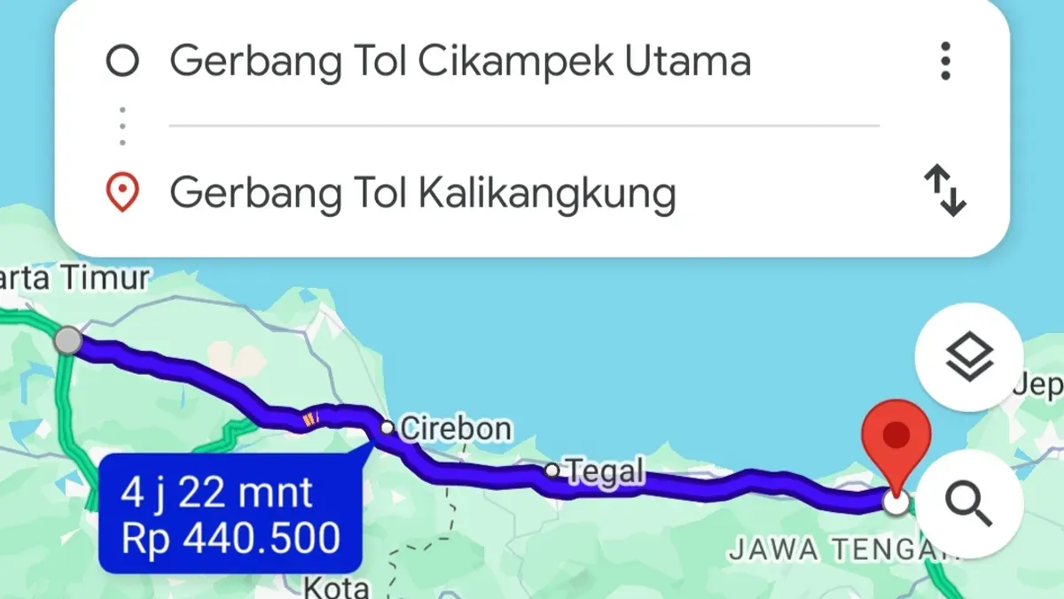 Cara cek tarif tol mudik Lebaran 2026 di Google Maps. (Sumber: Tangkapan Layar)