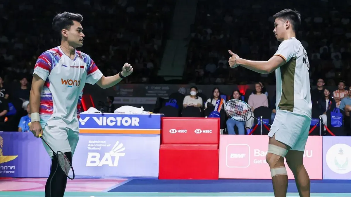 Leo Rolly Carnando/Daniel Marthin keluar sebagai juara Thailand Open 2026 seusai menuntaskan final di Nimibutr Stadium, Bangkok, Minggu, 17 Mei 2026. (Sumber: Dok. BNI)