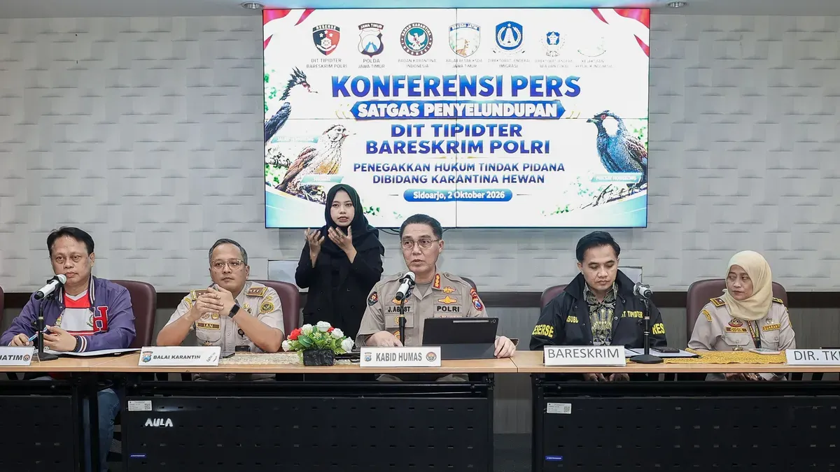 Konferensi pers pengungkapan 3.394 ekor burung asal luar negeri diduga tidak dilengkapi dokumen karantina diselundupkan di Sidoarjo, Jawa Timur. (Sumber: Dok. Istimewa)