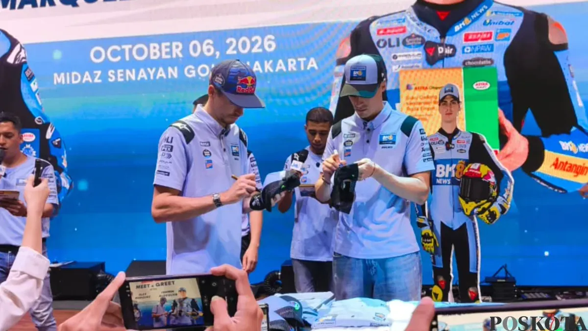 Meet & greet bersama Alex Marquez (kiri) dan Fermin Aldeguer (kanan) jelang MotoGP Mandalika 2026. (Sumber: Poskota/Dimas Prassetyo)