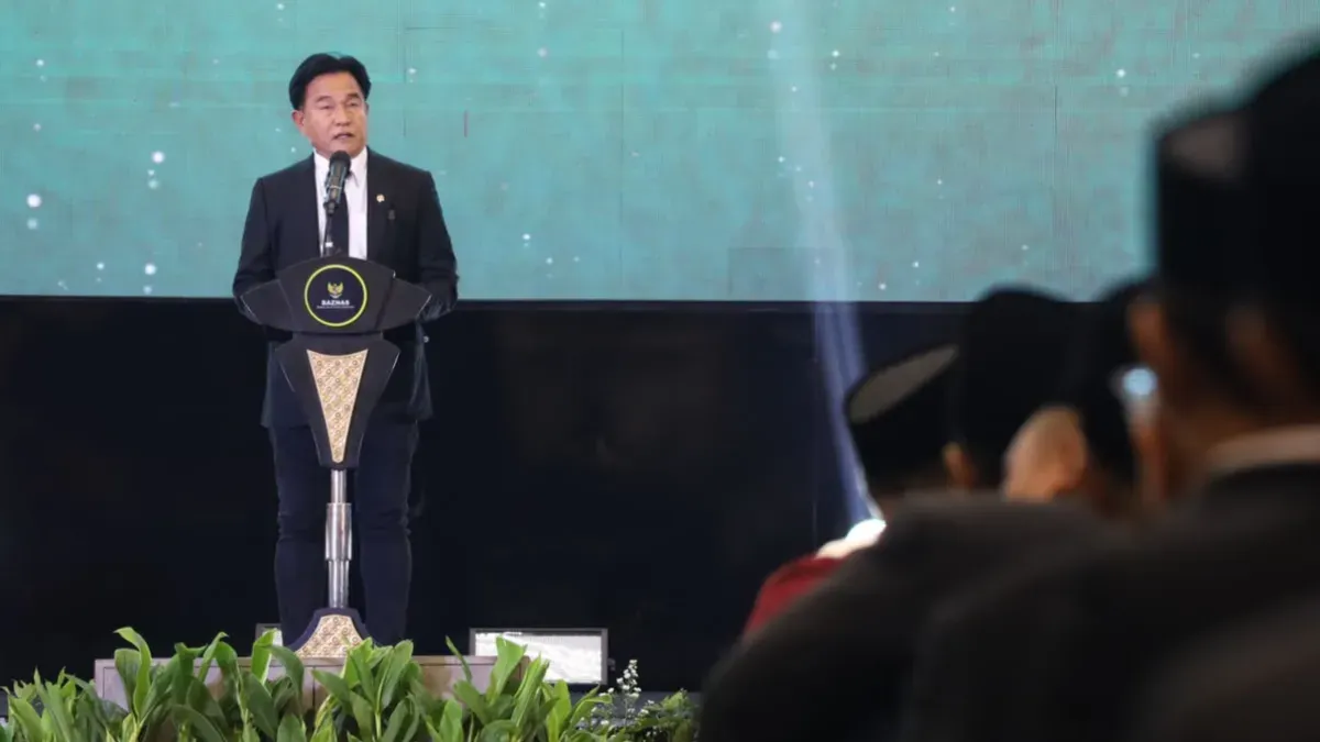 Menteri Koordinator Bidang Hukum, HAM, Imigrasi, dan Pemasyarakatan, Yusril Ihza Mahendra saat menghadiri Rapat Koordinasi Nasional (Rakornas) Baznas 2026. (Sumber: Istimewa)