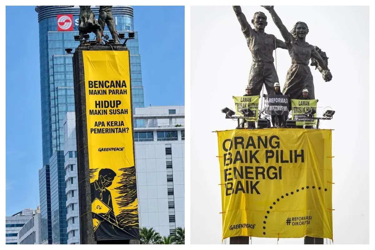 Aktivis Greenpeace membentangkan spanduk protes dari atas Patung Selamat Datang pada Selasa, 20 Oktober 2026. (Sumber: X/@ejaaipongg)