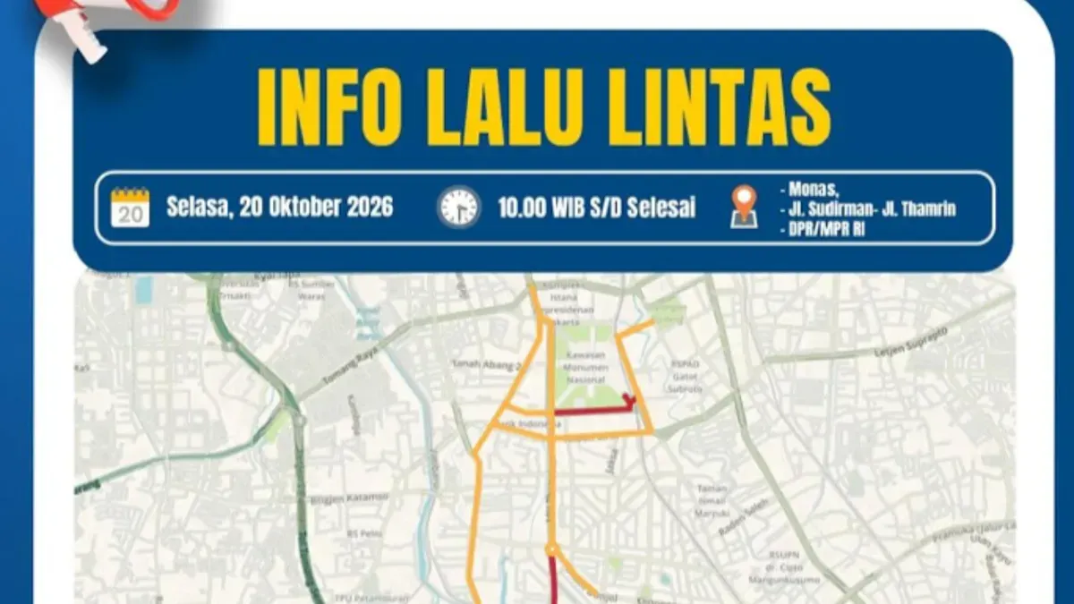 Polda Metro Jaya menyiapkan rekayasa lalu lintas di sejumlah ruas jalan untuk mengantisipasi kepadatan kendaraan akibat 26 titik aksi unjuk rasa pada Selasa, 20 Oktober 2026. (Sumber: Polda Metro Jaya)