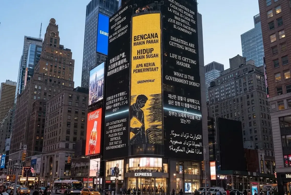 Netizen mengusulkan patungan Rp10.000 untuk menayangkan pesan Greenpeace di Times Square, New York. (Sumber: Threads/@kasitau.jakarta)