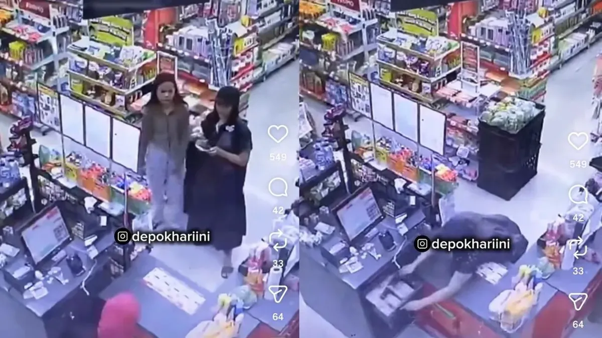 Dua wanita muda mencuri uang kasir toko minimarket di Pengasinan Sawangan, Kota Depok, Jawa Barat. (Sumber: Instagram/@depokhariini)