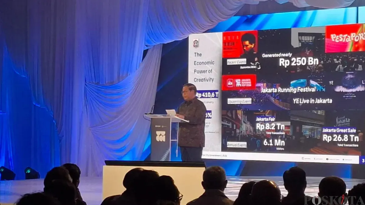 Gubernur DKI Jakarta, Pramono Anung saat memberikan sambutan dalam acara World Conference on Creative Economy (WCCE) 2026, Jakarta Pusat, Jumat, 23 Oktober 2026. (Sumber: Poskota/Syifa)