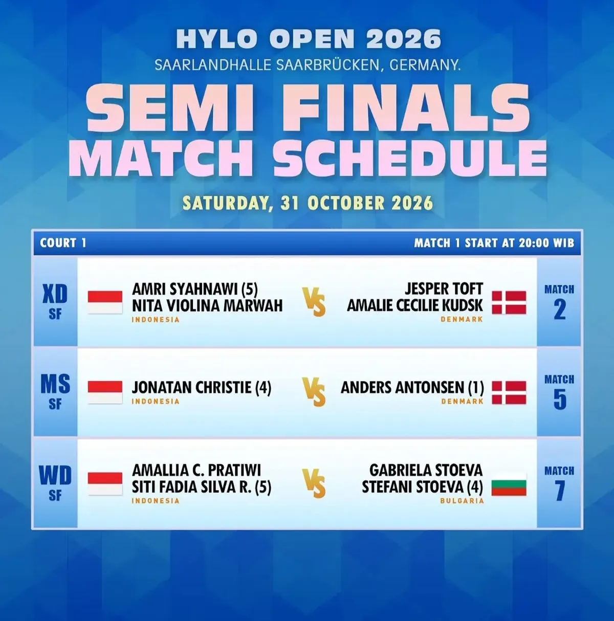 Jadwal semifinal badminton Hylo Open 2026. (Sumber: Instagram/@badminton.ina)