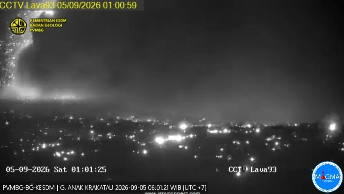 Gunung Anak Krakatau mengalami erupsi sejak Jumat, 4 September 2026 pukul 23.07 WIB. (Sumber: magma.esdm.go.id)