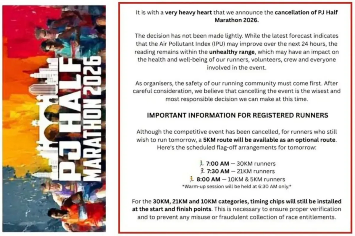 Petaling Jaya Half Marathon 2026 dibatalkan akibat kondisi kualitas udara yang masih berada pada tingkat tidak sehat. Panitia mengutamakan keselamatan dan kesehatan peserta, relawan, serta kru acara. (Sumber: Facebook/@PJ HALF MARATHON)