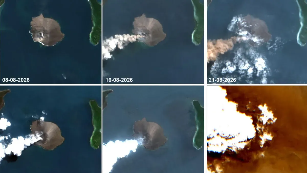 Tampilan citra Teknologi Penginderaan Jarak Jauh memperlihatkan perubahan-perubahan yang terjadi pada Gunung Anak Krakatau. (Sumber: BIG)