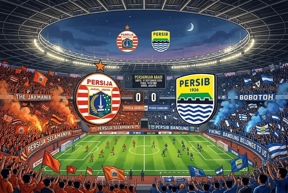 Jadwal Persija vs Persib pada pekan kedua Super League 2026/2027 akan berlangsung Sabtu, 12 September 2026. (Sumber: Generate AI)