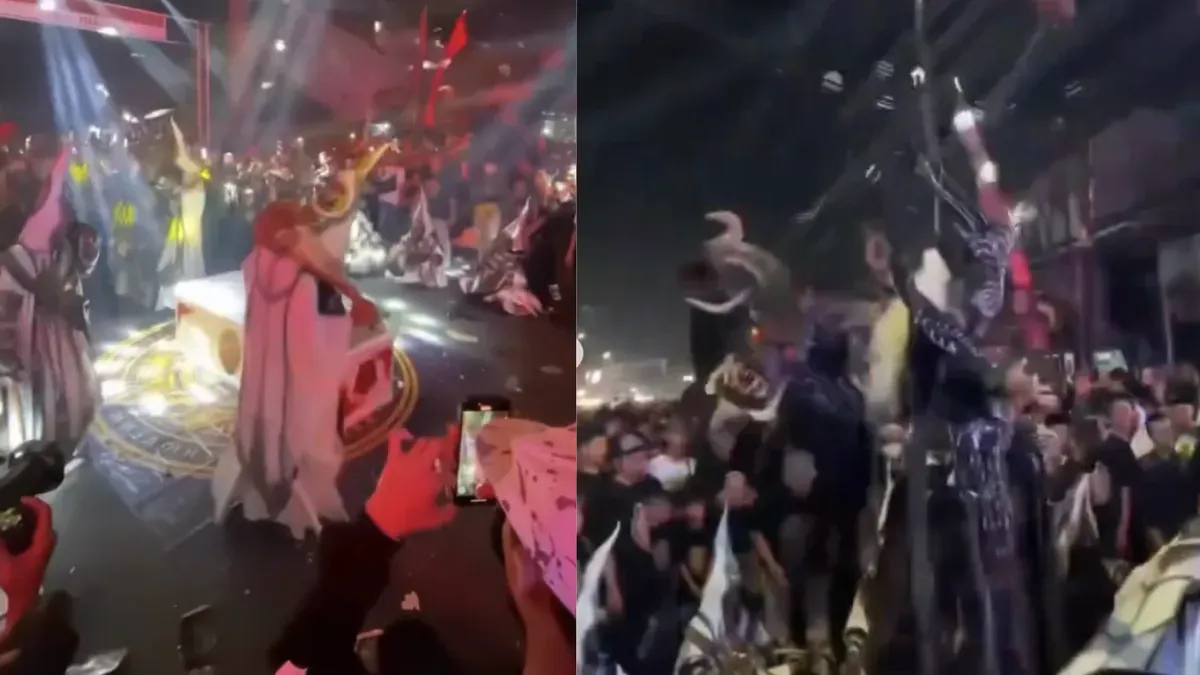 Simbang Kulon Night Carnival 2026 di Desa Simbang Kulon, Pekalongan, menjadi sorotan setelah penampilan peserta dinilai mengandung simbol satanis (Sumber: Instagram)