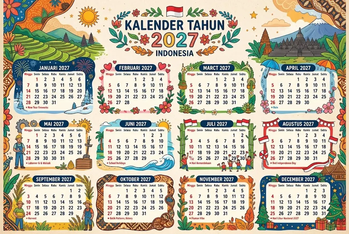 Ilustrasi Jadwal lengkap libur nasional dan cuti bersama 2027, termasuk periode Idul Fitri, Natal, Imlek, dan hari besar lainnya. (Sumber: Generated AI)