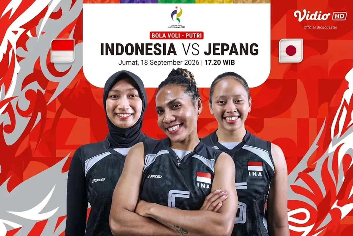 Pertandingan Timnas voli putri Indonesia vs Jepang di Asian Games 2026 dapat disaksikan melalui siaran langsung hari ini, Jumat, 18 September 2026, mulai pukul 17.20 WIB. (Sumber: X/@VidioSports)