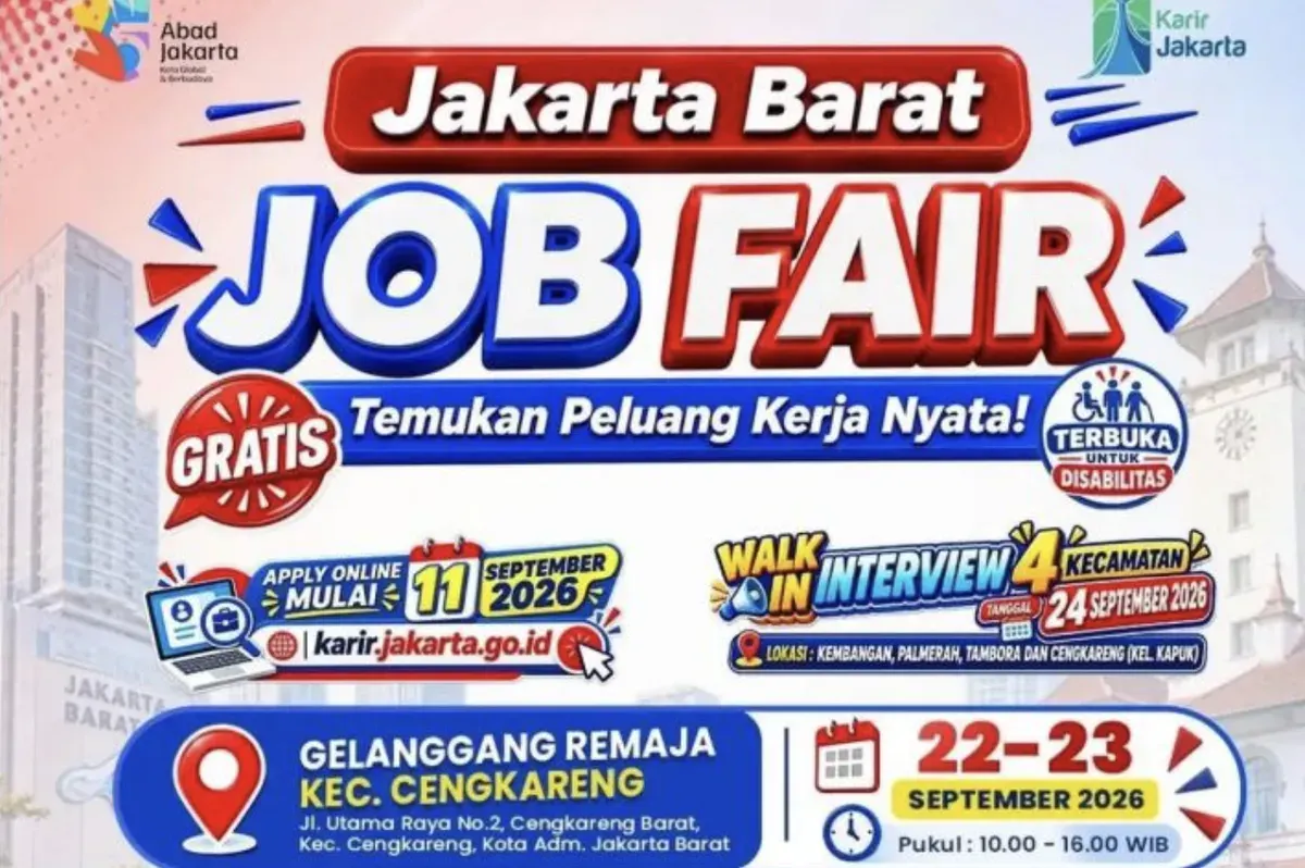 Job Fair Jakarta Barat 2026 menghadirkan berbagai perusahaan dan lowongan kerja bagi pencari kerja di Jakarta Barat. (Sumber: instagram/@sudinakertransgijakbar.