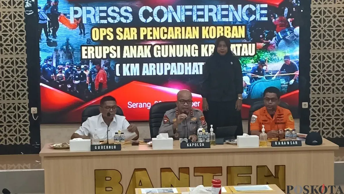 Jumpa pers penemuan jenazah ABK kapal rombongan jurnalis di Mapolda Banten, Kabupaten Serang, Rabu, 23 September 2026. (Sumber: Poskota/Rahmat Haryono)