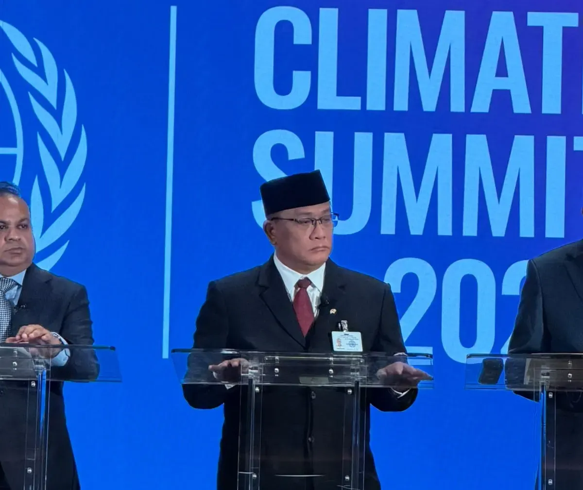Menteri LH/Kepala BPLH Moh. Jumhur Hidayat menyampaikan komitmen Indonesia dalam pengendalian perubahan iklim pada Climate Summit 2026 di Markas Besar PBB, New York. (Sumber: Istimewa)