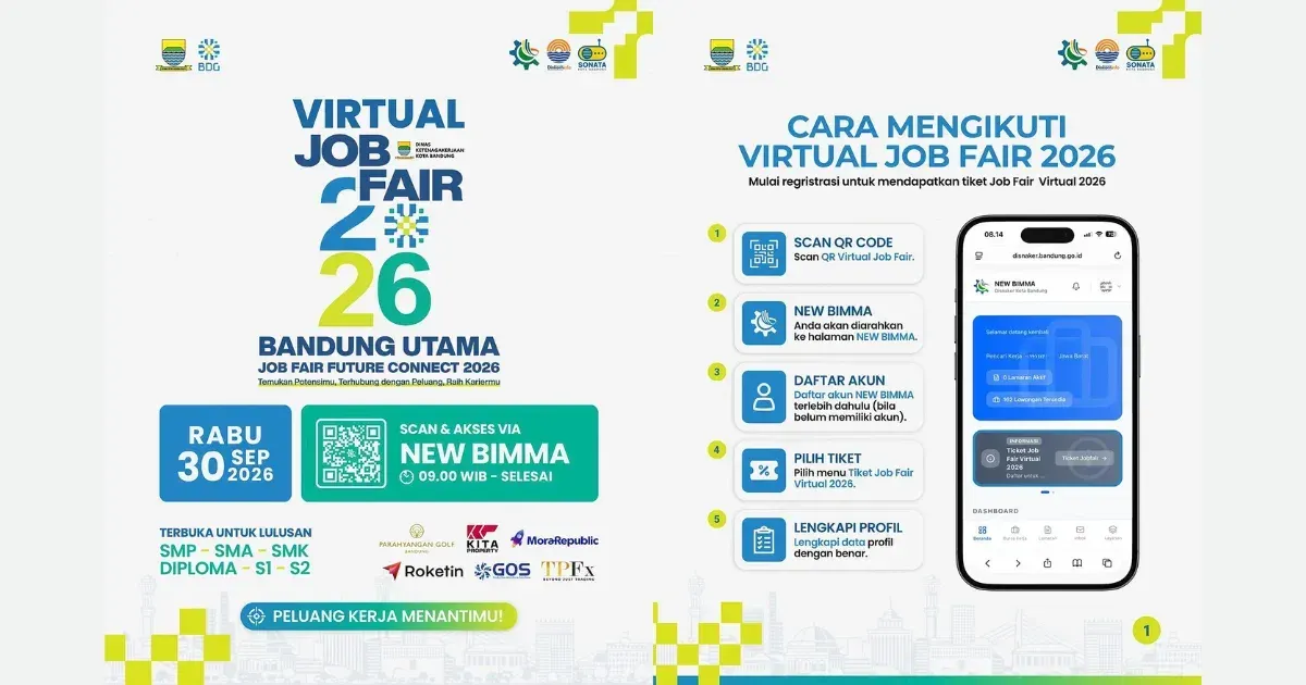 Virtual Job Fair 2026 Kota Bandung digelar secara online melalui New BIMMA pada 30 September 2026. Pencari kerja dapat mengakses lowongan dan mengajukan lamaran secara digital. (Sumber: Instagram/@bdg.disnaker)