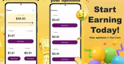 Ini dia tampilan aplikasi Golden Surveys! Di sini kamu bisa langsung ikutan berbagai survei berbayar, tinggal jawab pertanyaan, saldo pun langsung nambah. Gampang banget buat dapet cuan dari pendapatmu! (Sumber: Play Store)