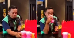 Momen seorang oknum driver ojol mencuri satu gelas minuman saat pickup orderan di salah satu restoran. (Sumber: Tangkap Layar Instagram/@funnelmedia)