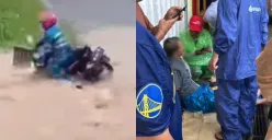 Seorang pengendara motor hanyut terseret banjir di Bandar Lampung. (Sumber: Tangkap Layar Instagram/@medsoszone)