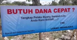 Viral beredar foto spanduk Lurah Tavanjuka janjikan hadiah untuk warga yang berhasil menangkap pelaku pembuang sampah sembarangan di wilayah tersebut. (Sumber: Instagram/@jakarta.keras)