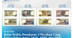 Bank Indonesia menarik 4 jenis uang kertas lawas dari peredaran. Ketahui pecahan mana saja yang harus segera ditukar sebelum batas waktu 30 April 2025. (Sumber: Dok. Bank Indonesia)