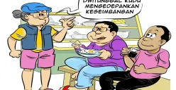 Ilustrasi obrolan tiga sahabat di warteg yang membahas pentingnya keseimbangan dalam konsep dwitunggal. (Sumber: Poskota/Arif Setiadi)