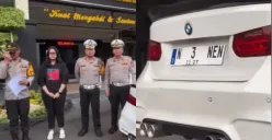 Pengemudi mobil sedan BMW ditangkap polisi seusai viral pakai pelat nomor palsu berbau tidak senonoh. (Sumber: Tangkap Layar Instagram/@funnelmedia)