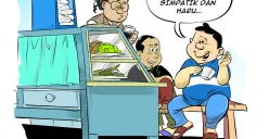 Ilustrasi tiga orang di warung kopi, salah satunya berkata, “Harus pintar akting biar pada simpatik dan haru...” Kartun ini menyindir perilaku pencitraan demi menarik simpati publik. (Sumber: Poskota/Arif Setiadi)