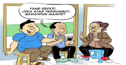 Tiga sahabat asyik berdiskusi santai di warteg sambil menyeruput kopi. Salah satu dari mereka melontarkan sindiran cerdas: “Yang repot, jika atas tersumbat, bawahpun mampet.” (Sumber: Poskota/Arif Setiadi)