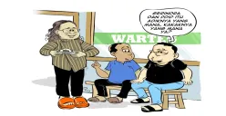 Obrolan santai di warteg membahas hubungan politik antara Gerindra dan PDIP yang diibaratkan seperti adik dan kakak. Ketiganya penasaran, siapa sebenarnya sang kakak dan siapa sang adik? (Sumber: Poskota/Arif Setiadi)