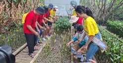 Penanaman bibit pohon mangrove secara simbolis dalam peringatan HUT ke-7 Maxim Indonesia, Sabtu, 14 Juni 2025. (Sumber: Poskota/Angga Pahlevi)